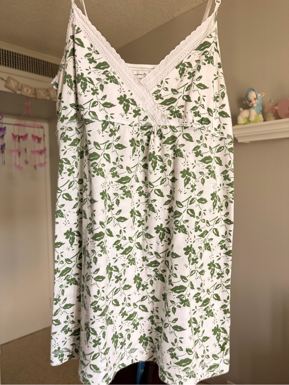 American Eagle Outfitters White & Green Floral Lace-Trim Chemise